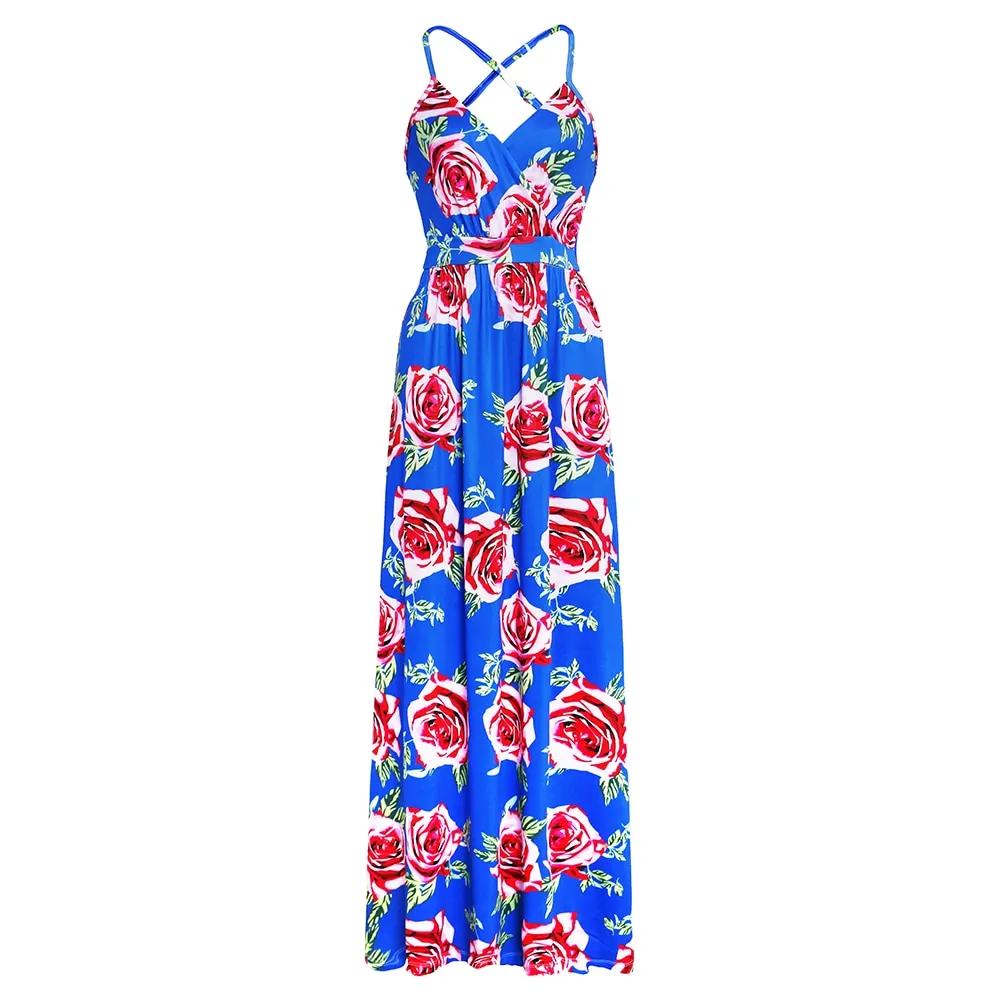 VenusFox Spring Summer Sexy Casual Women Long Dress High Waist V-Neck Open Back Sleeveless Holiday Beach Dress Sling Print Robes Halter