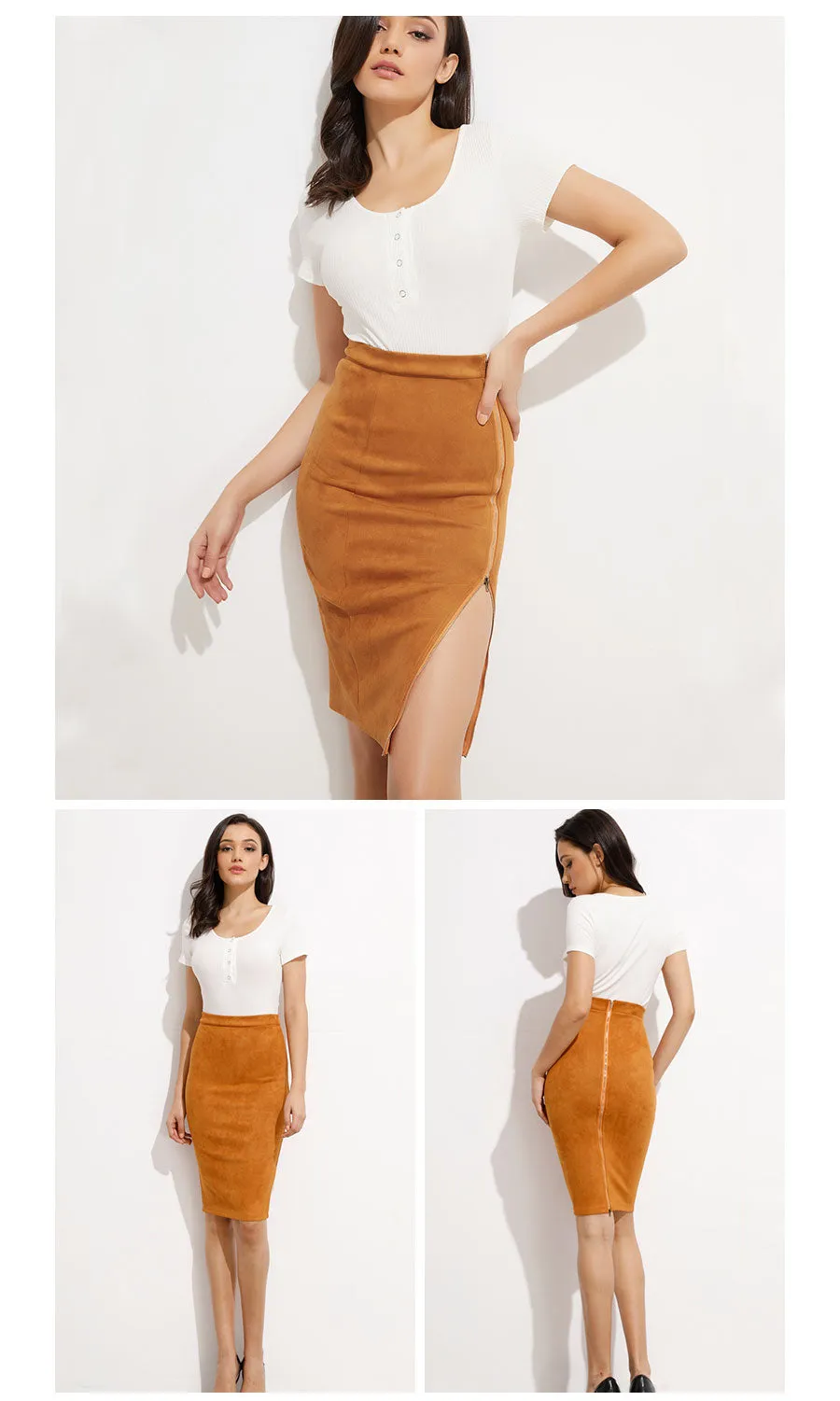 VenusFox Suede Leather Two-way Zipper High Waist Midi Skirt