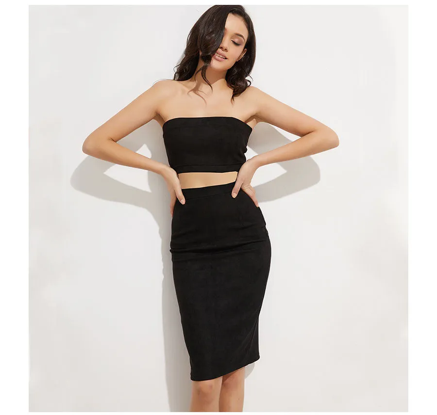 VenusFox Suede Leather Two-way Zipper High Waist Midi Skirt