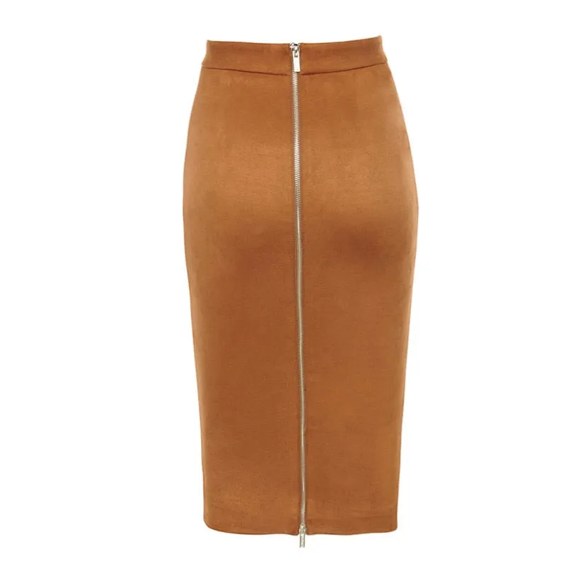 VenusFox Suede Leather Two-way Zipper High Waist Midi Skirt