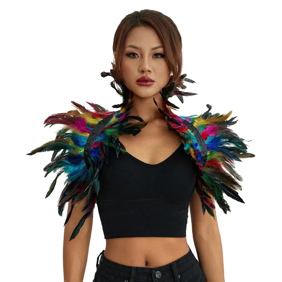 Victorian Cosplay Goth Feather Body Harness - Rainbow (Style 2)