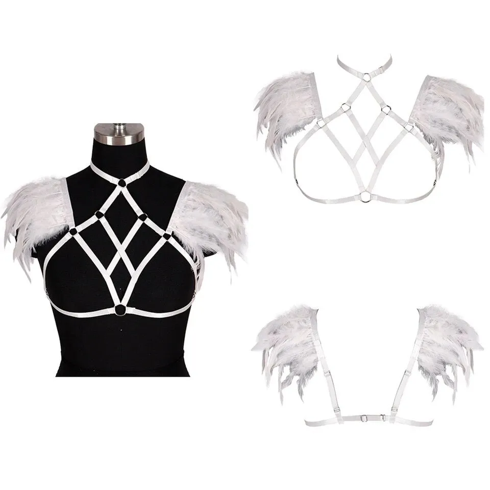 Victorian Cosplay Goth Feather Body Harness - White (Style 8)