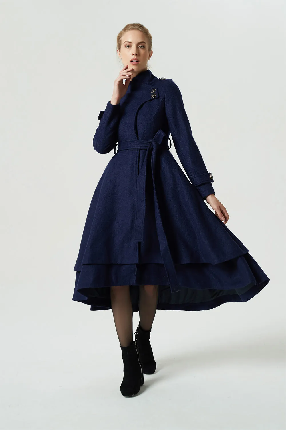 vintage inspired navy blue tiered wool coat 1981#