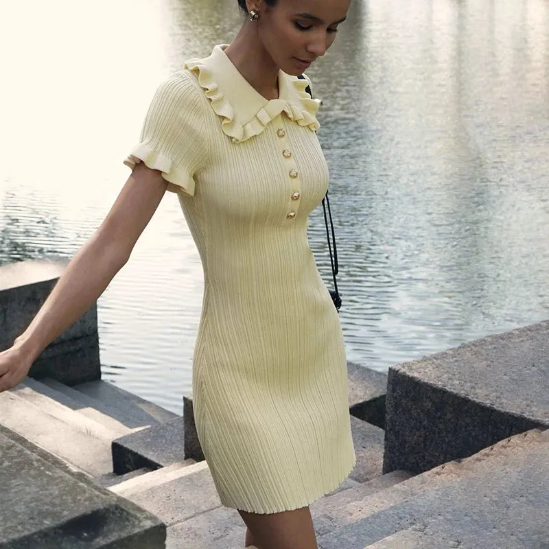 Vintage Ruffled Short Sleeve Knitted Slim Fit Mini Dress