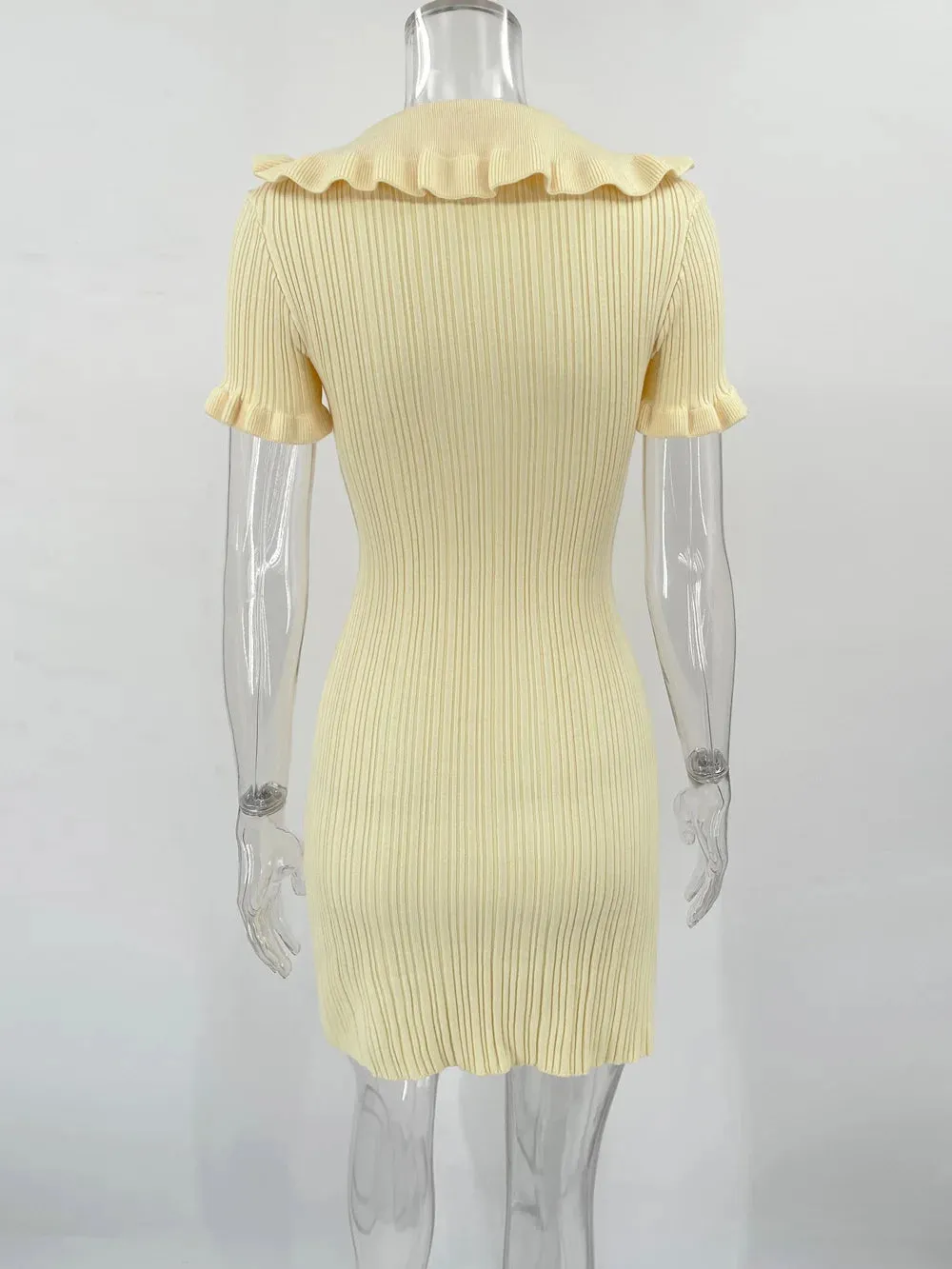 Vintage Ruffled Short Sleeve Knitted Slim Fit Mini Dress