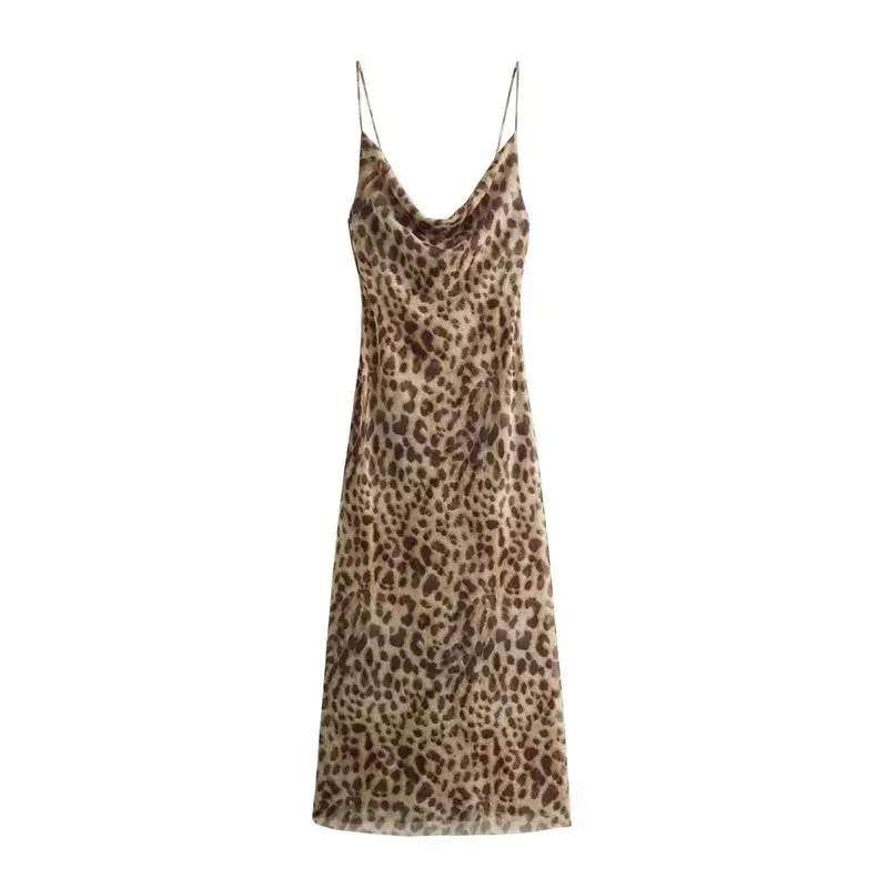 Vintage Tulle Backless Slip Leopard Print Long Dress