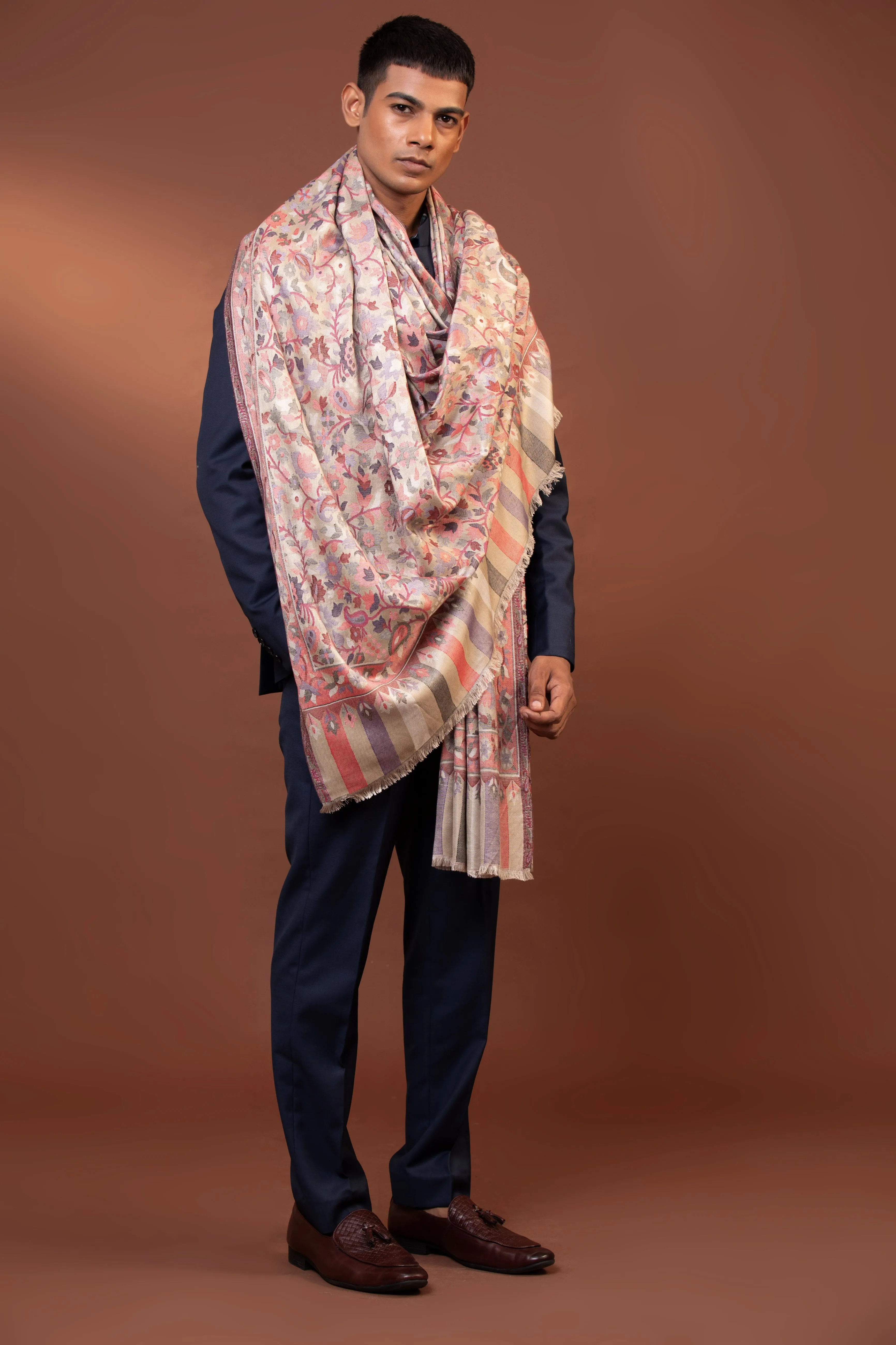 Viscose Floral Print Men’s Shawl - Handmade Kashmiri Kani Wrap