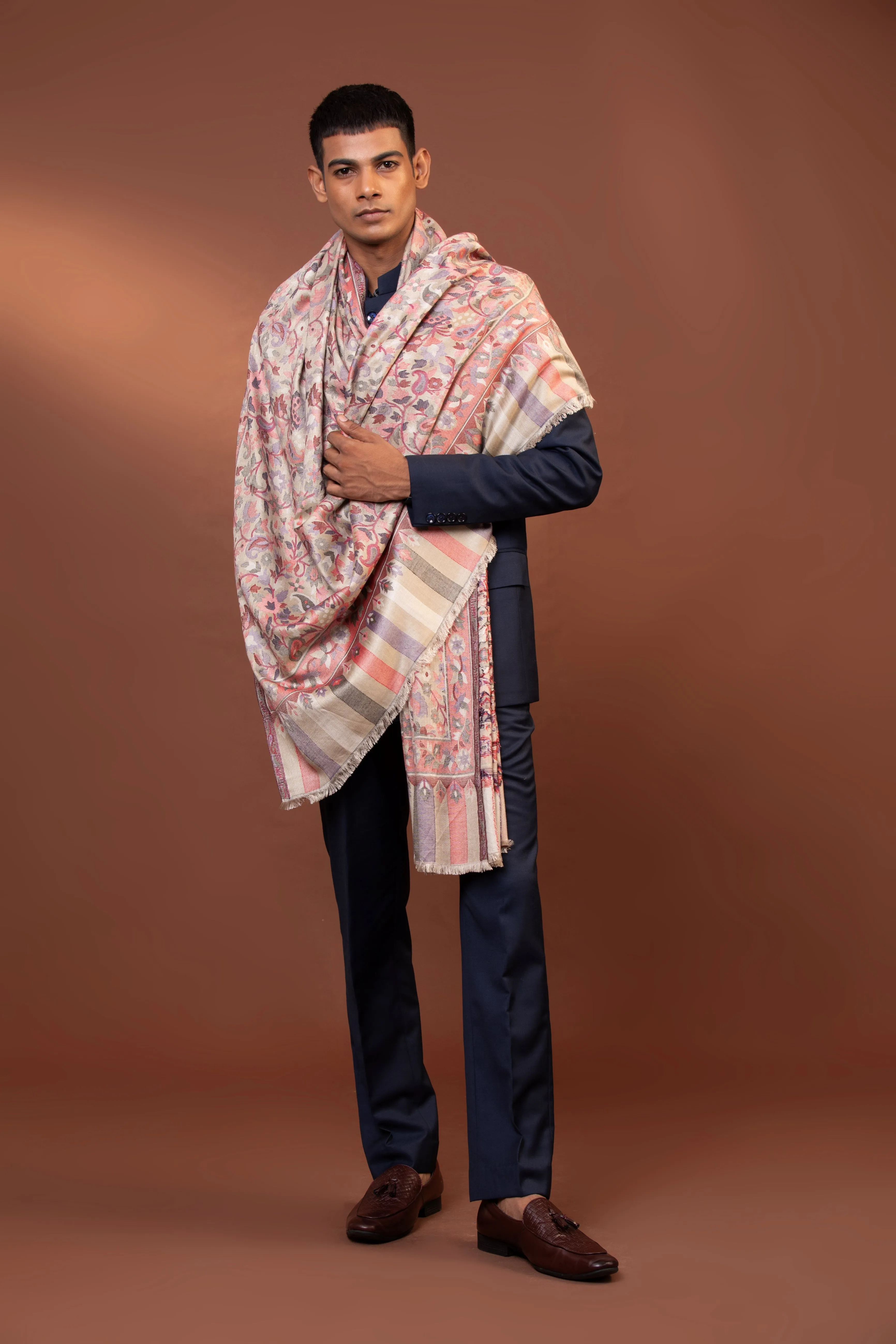 Viscose Floral Print Men’s Shawl - Handmade Kashmiri Kani Wrap