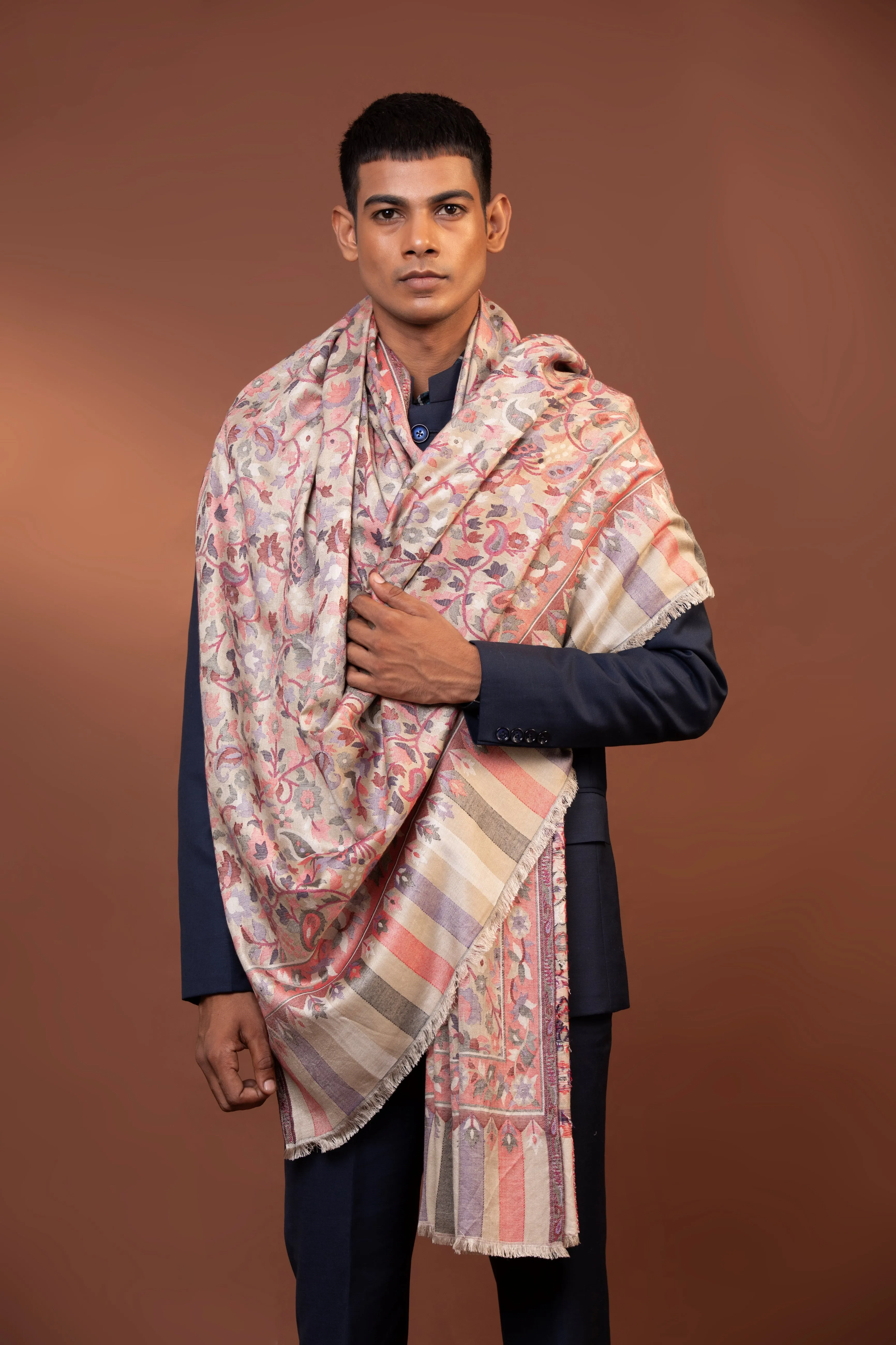 Viscose Floral Print Men’s Shawl - Handmade Kashmiri Kani Wrap