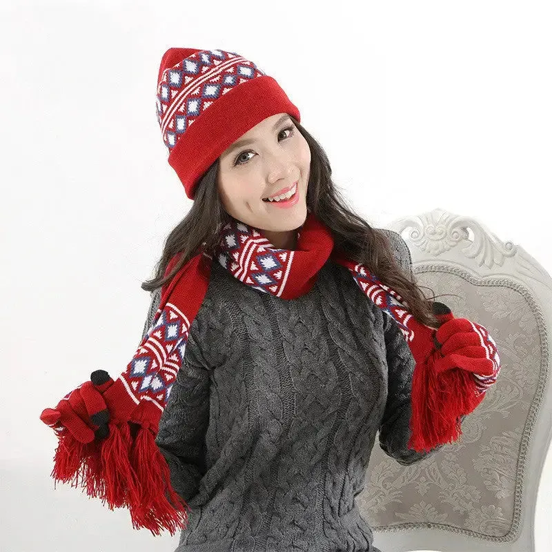 Warm Wool Knitted Hat Scarf And Gloves Set