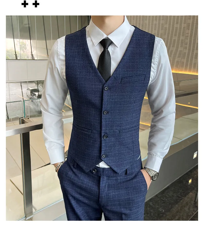 West Louis™ Business Casual Plaid High-End 3 Piece England Suit