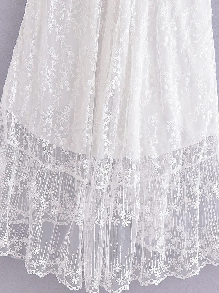 White Lace V-Neck High-Low Maxi Dress