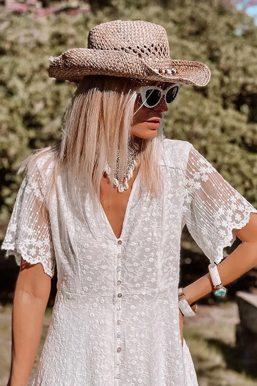 White Lace V-Neck High-Low Maxi Dress