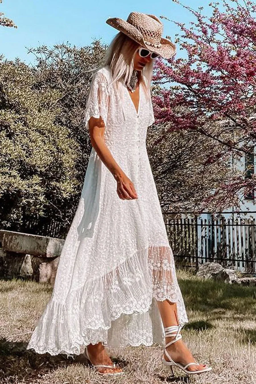 White Lace V-Neck High-Low Maxi Dress