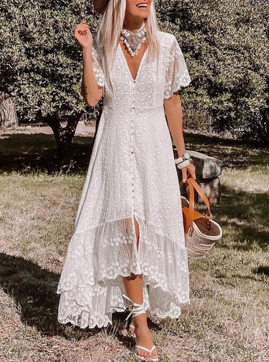 White Lace V-Neck High-Low Maxi Dress