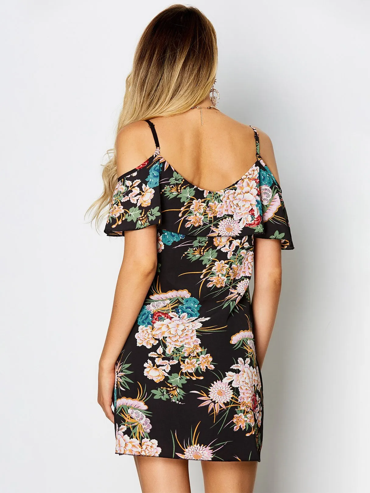 Wholesale Black Cold Shoulder Sleeveless Floral Print Spaghetti Strap Dresses