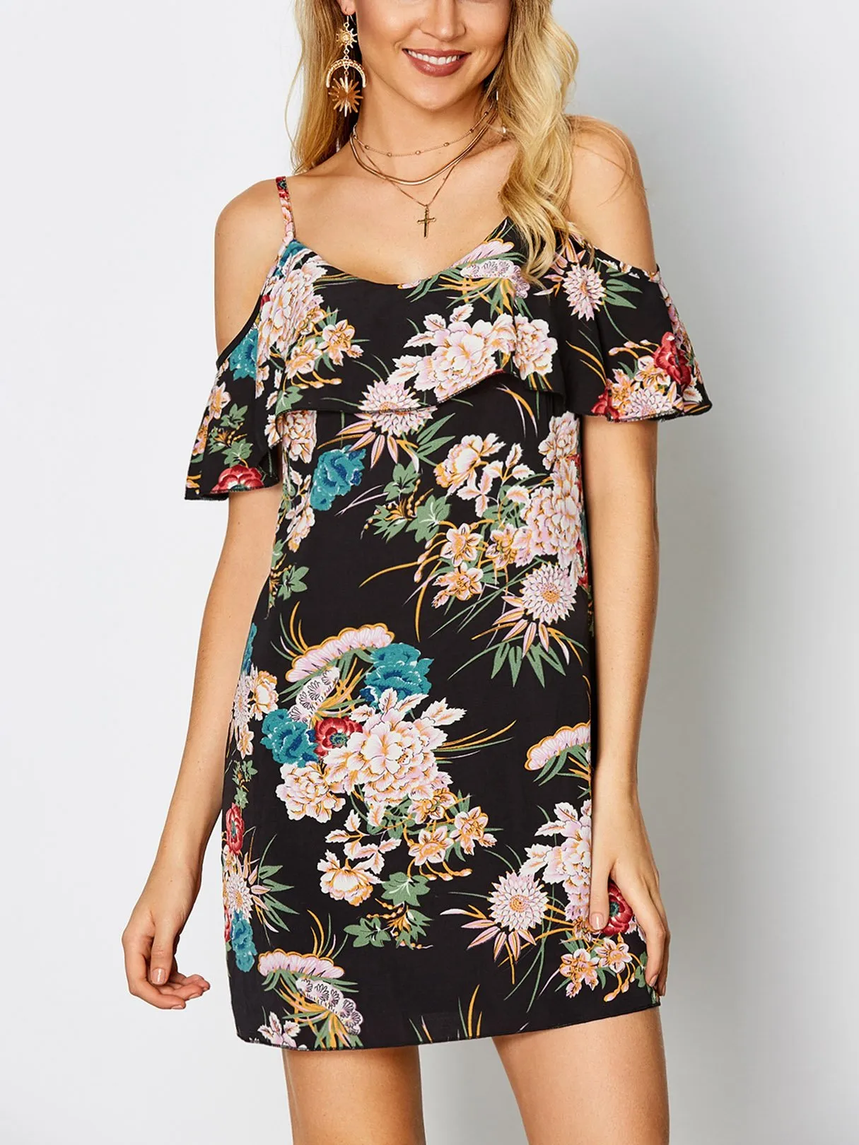 Wholesale Black Cold Shoulder Sleeveless Floral Print Spaghetti Strap Dresses