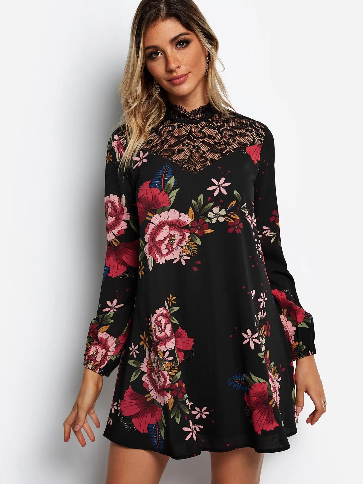 Wholesale Black Perkins Collar Long Sleeve Floral Print Lace Cut Out See Through Dresses