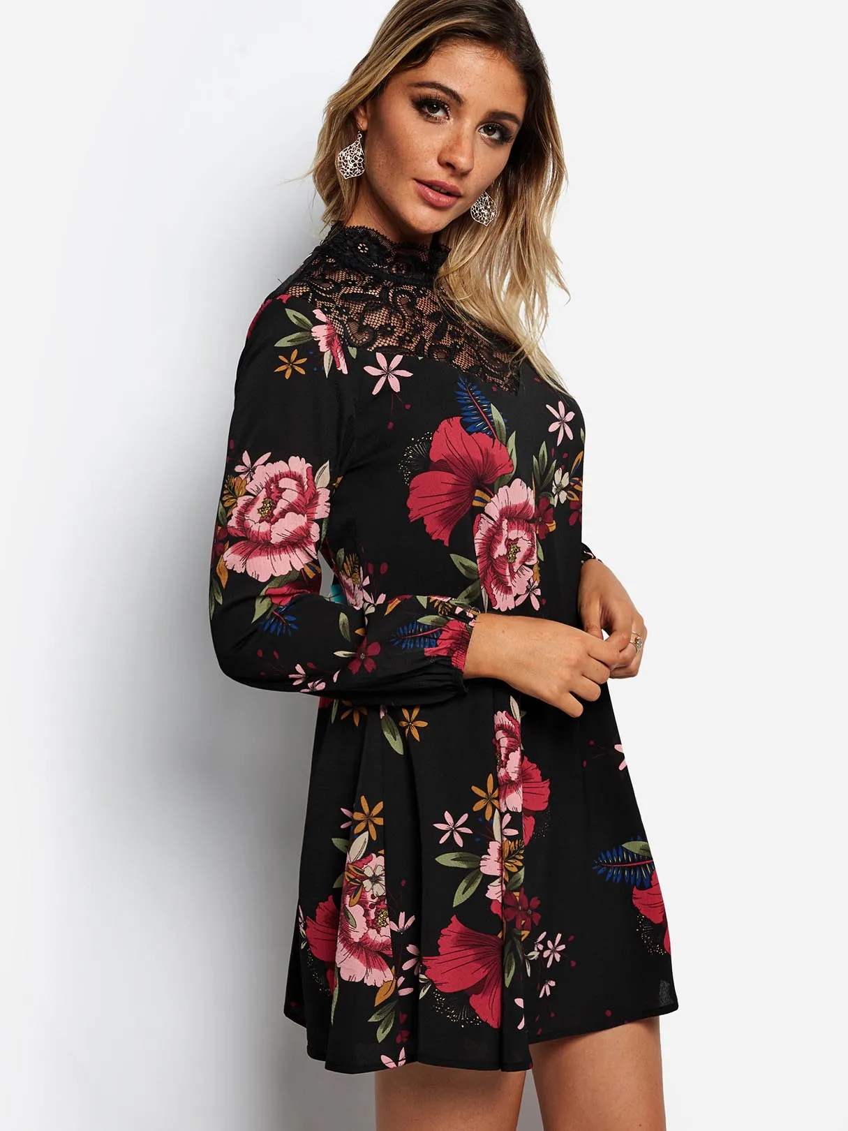 Wholesale Black Perkins Collar Long Sleeve Floral Print Lace Cut Out See Through Dresses