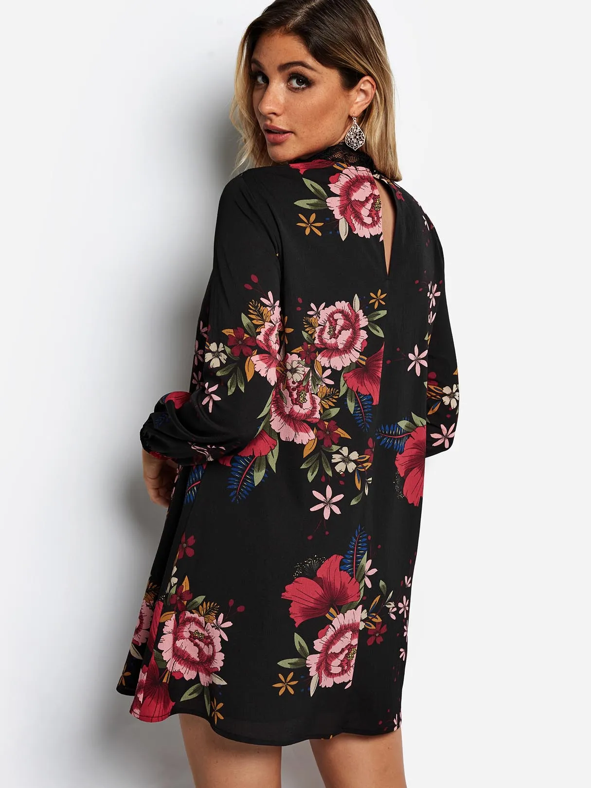 Wholesale Black Perkins Collar Long Sleeve Floral Print Lace Cut Out See Through Dresses