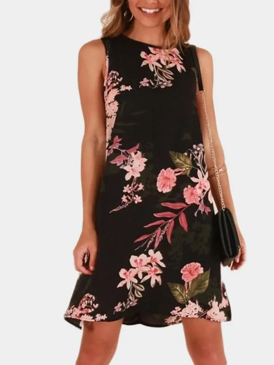 Wholesale Black Round Neck Sleeveless Floral Print Dresses