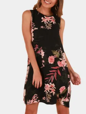 Wholesale Black Round Neck Sleeveless Floral Print Dresses