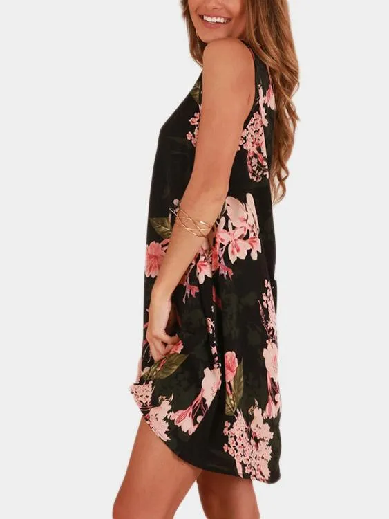 Wholesale Black Round Neck Sleeveless Floral Print Dresses