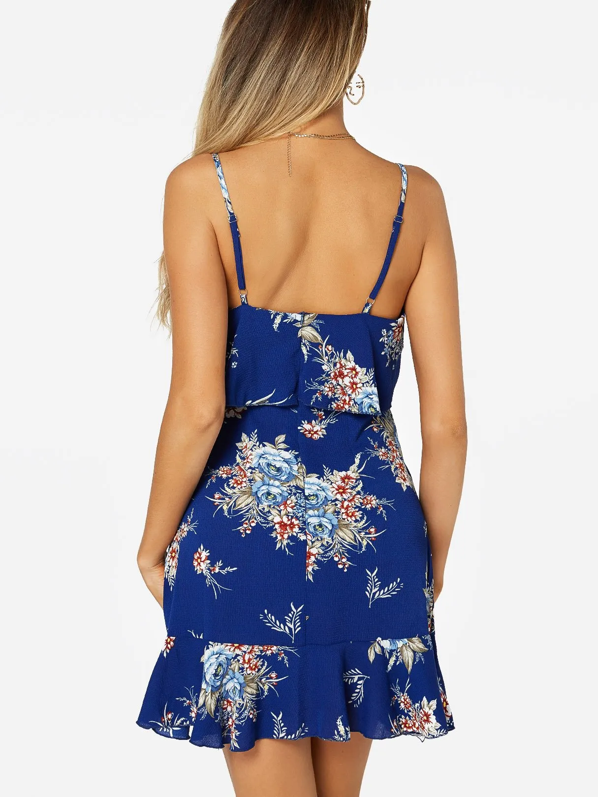 Wholesale Blue Sleeveless Floral Print Backless Spaghetti Strap Flounced Hem Dresses