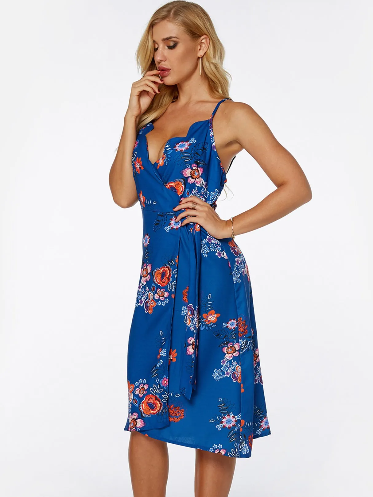 Wholesale Blue V-Neck Sleeveless Floral Print Backless Spaghetti Strap Self-Tie Wrap Dresses