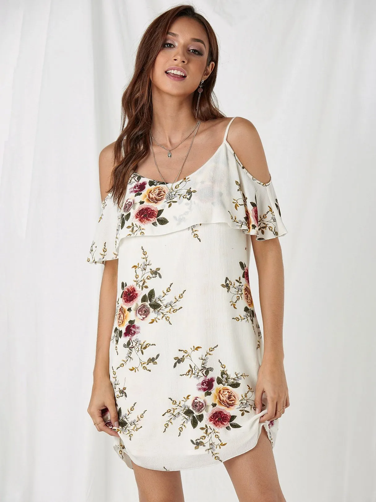 Wholesale Cold Shoulder Sleeveless Floral Print Spaghetti White Strap Dresses