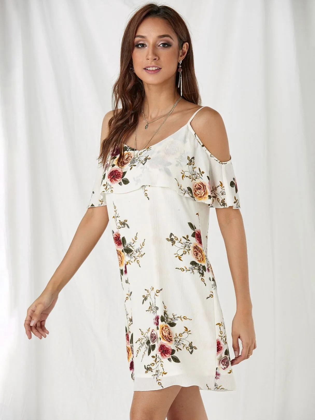 Wholesale Cold Shoulder Sleeveless Floral Print Spaghetti White Strap Dresses