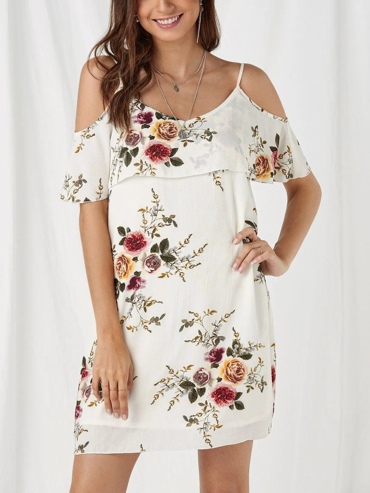 Wholesale Cold Shoulder Sleeveless Floral Print Spaghetti White Strap Dresses