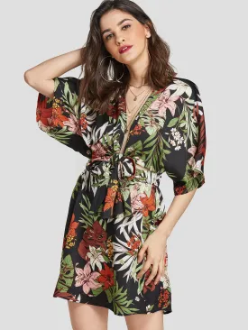 Wholesale Deep V Neck Half Sleeve Floral Print Cut Out Self-Tie Dresses