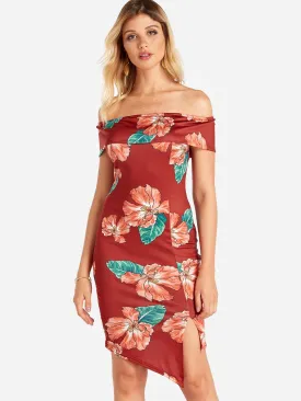 Wholesale Frill Neck Off The Shoulder Short Sleeve Floral Print Slit Hem Red Dresses