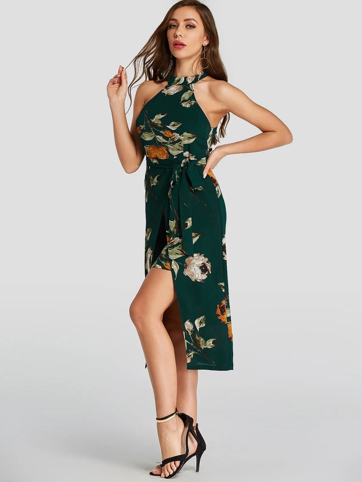 Wholesale Green Halter Sleeveless Floral Print Self-Tie Slit Hem Dresses