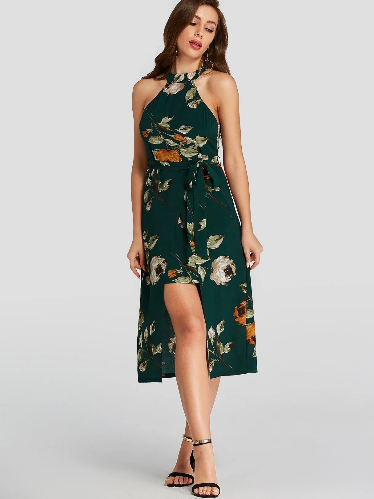 Wholesale Green Halter Sleeveless Floral Print Self-Tie Slit Hem Dresses