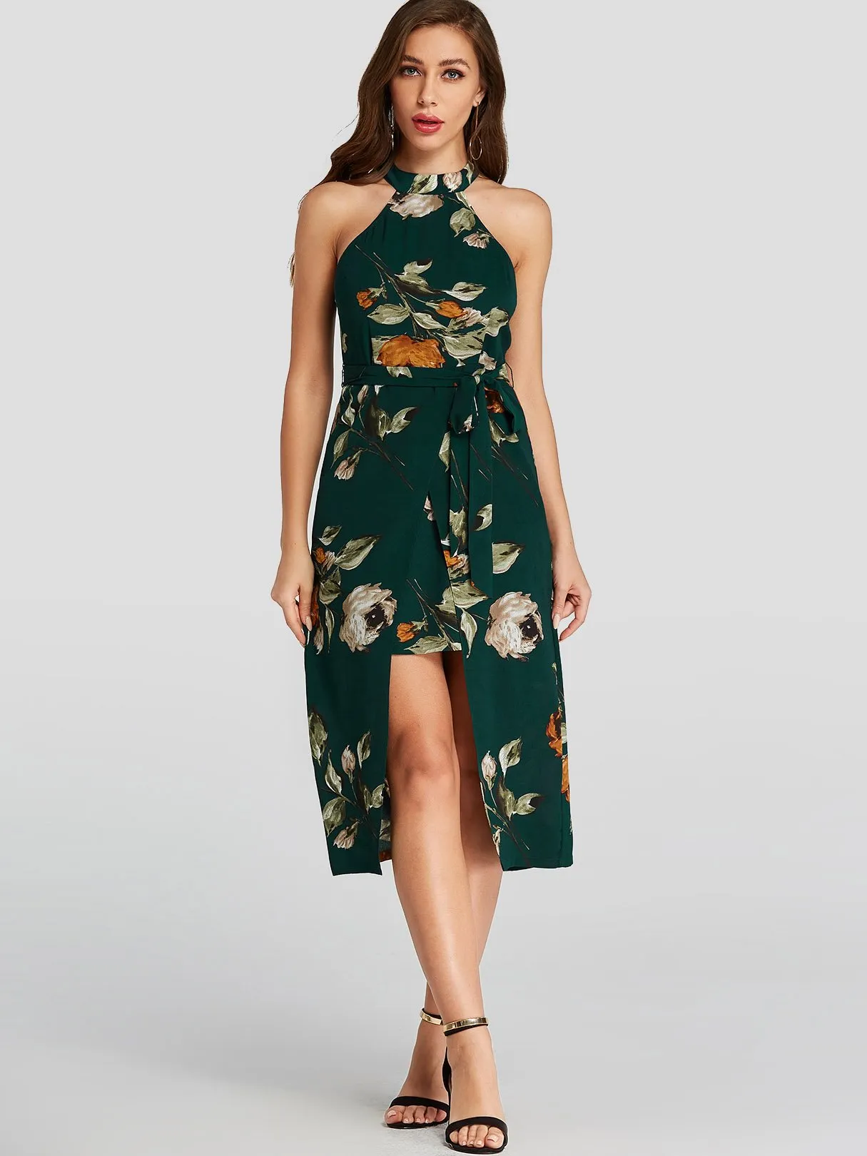 Wholesale Green Halter Sleeveless Floral Print Self-Tie Slit Hem Dresses