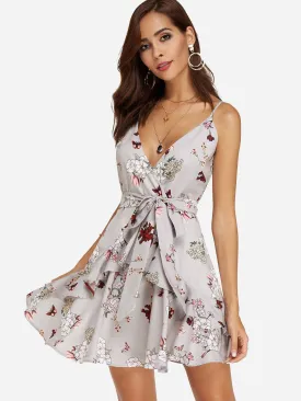 Wholesale Grey V-Neck Sleeveless Floral Print Zip Back Spaghetti Strap Self-Tie Wrap Flounced Hem Dresses