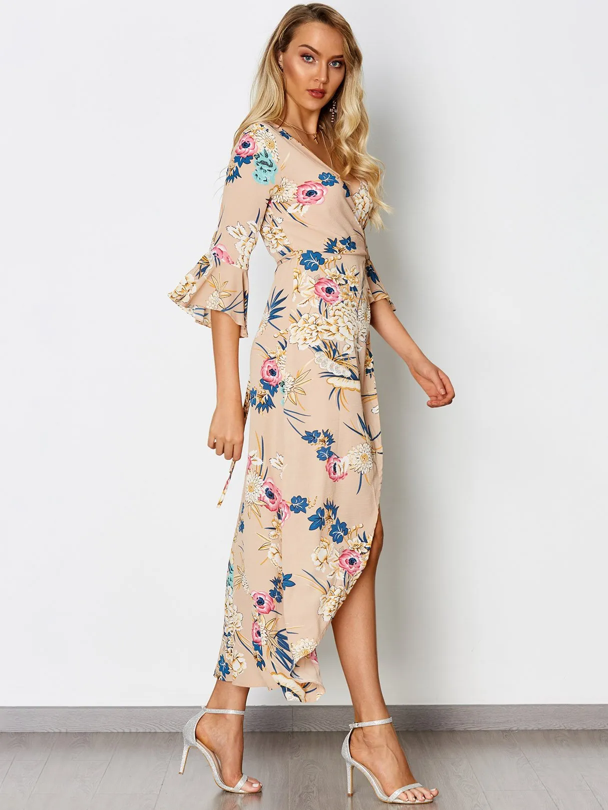 Wholesale Khaki V-Neck Floral Print Crossed Front Self-Tie Wrap Slit Hem Dresses