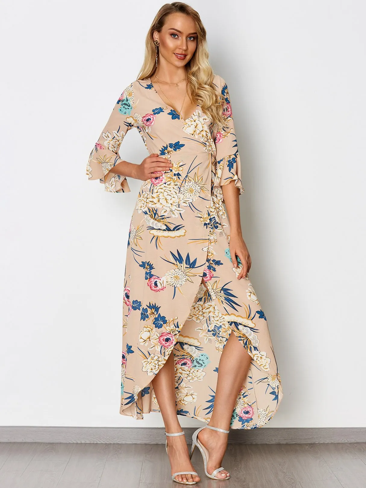 Wholesale Khaki V-Neck Floral Print Crossed Front Self-Tie Wrap Slit Hem Dresses