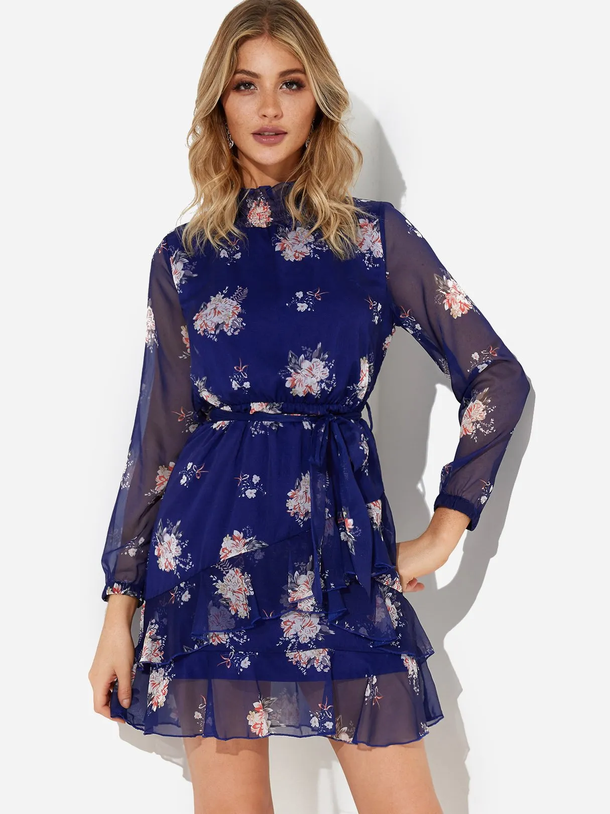 Wholesale Navy Long Sleeve Floral Print See Through Dresses