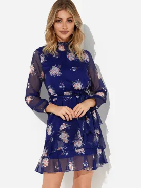 Wholesale Navy Long Sleeve Floral Print See Through Dresses