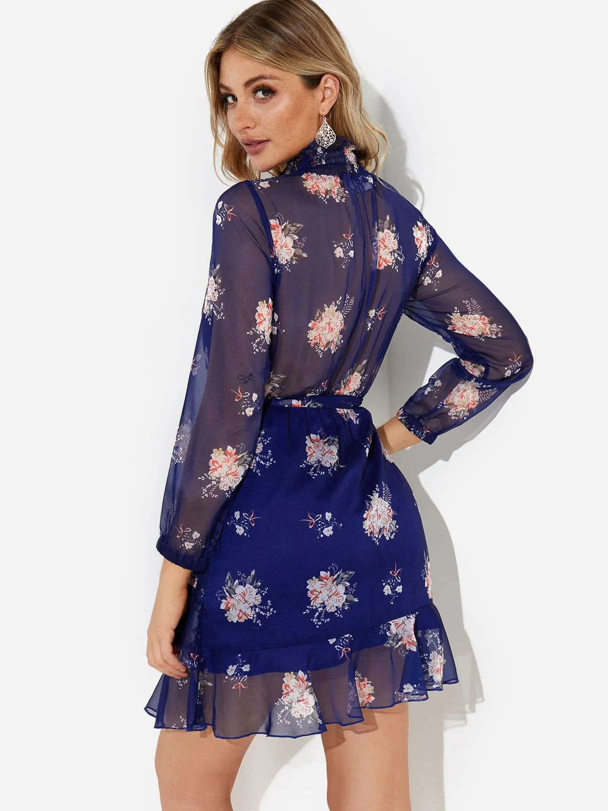 Wholesale Navy Long Sleeve Floral Print See Through Dresses