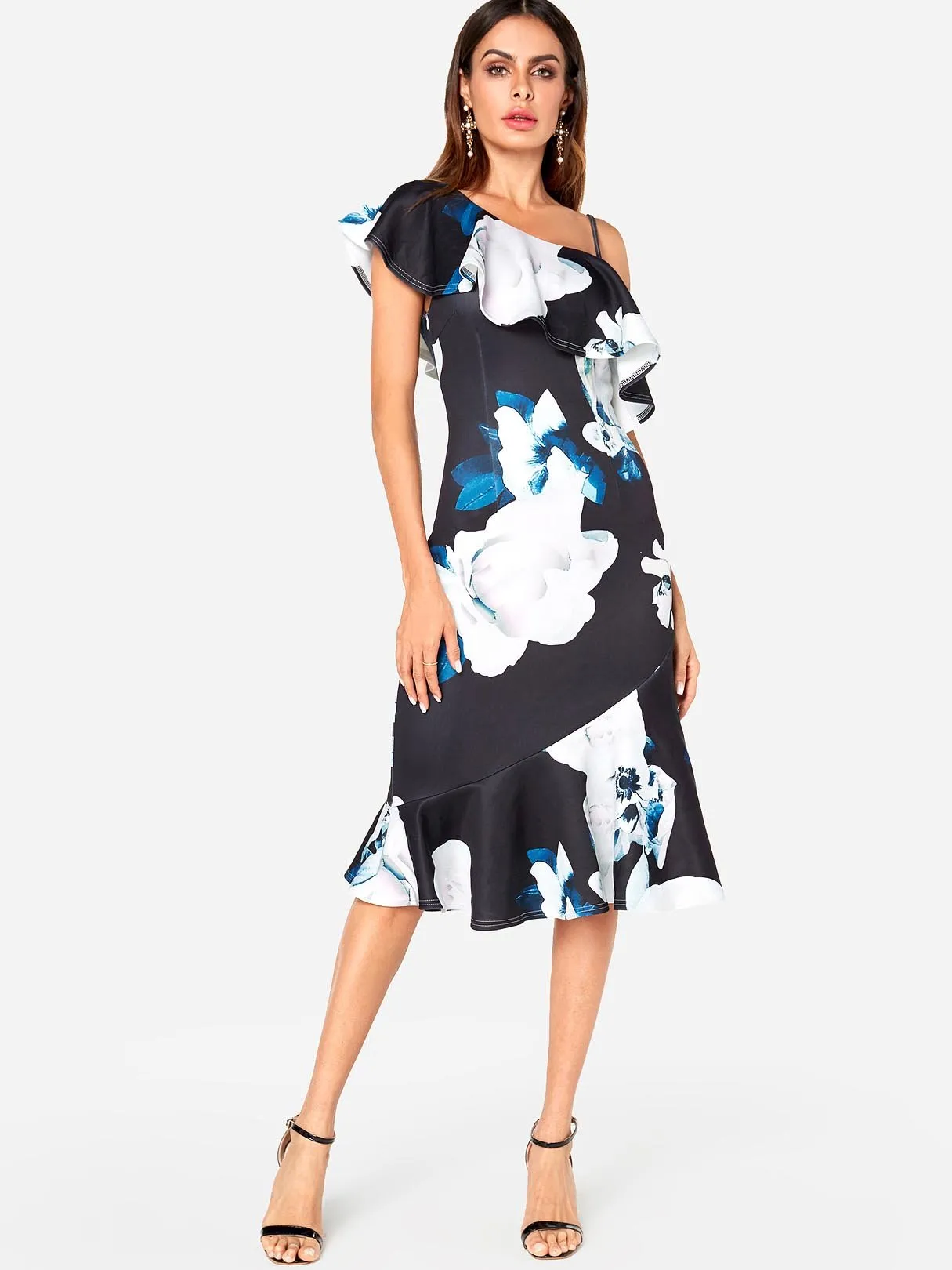 Wholesale Navy One Shoulder Sleeveless Floral Print Flounced Hem Dresses