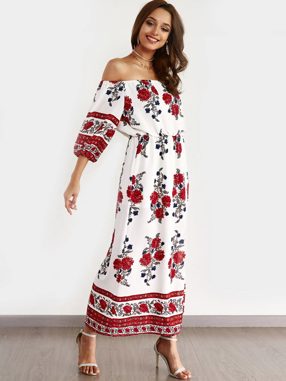 Wholesale Off The Shoulder 3/4 Sleeve Length Floral Print Slit Dresses