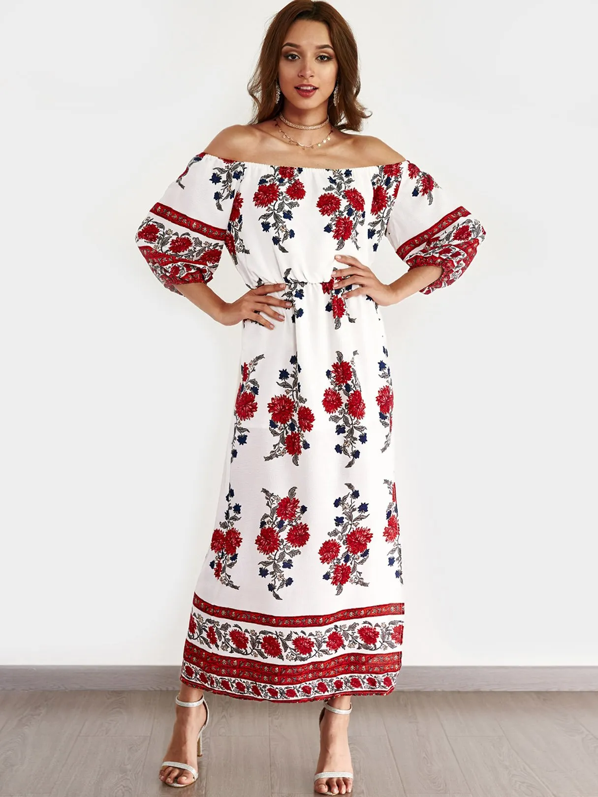 Wholesale Off The Shoulder 3/4 Sleeve Length Floral Print Slit Dresses