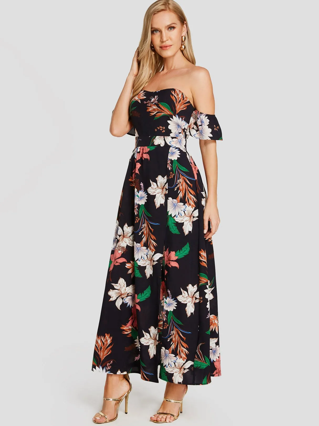 Wholesale Off The Shoulder Floral Print Short Sleeve Backless Slit Hem Dresses