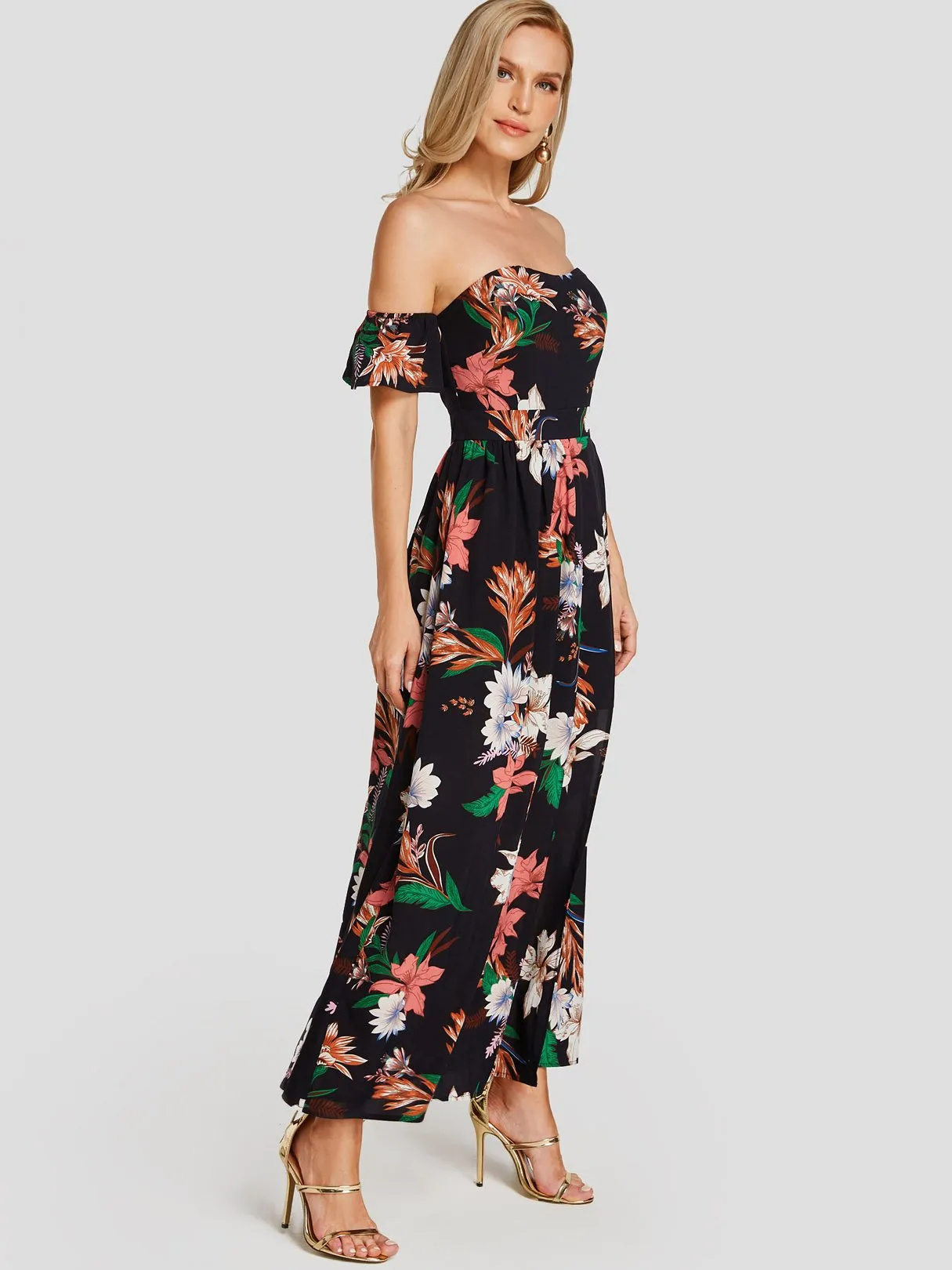 Wholesale Off The Shoulder Floral Print Short Sleeve Backless Slit Hem Dresses