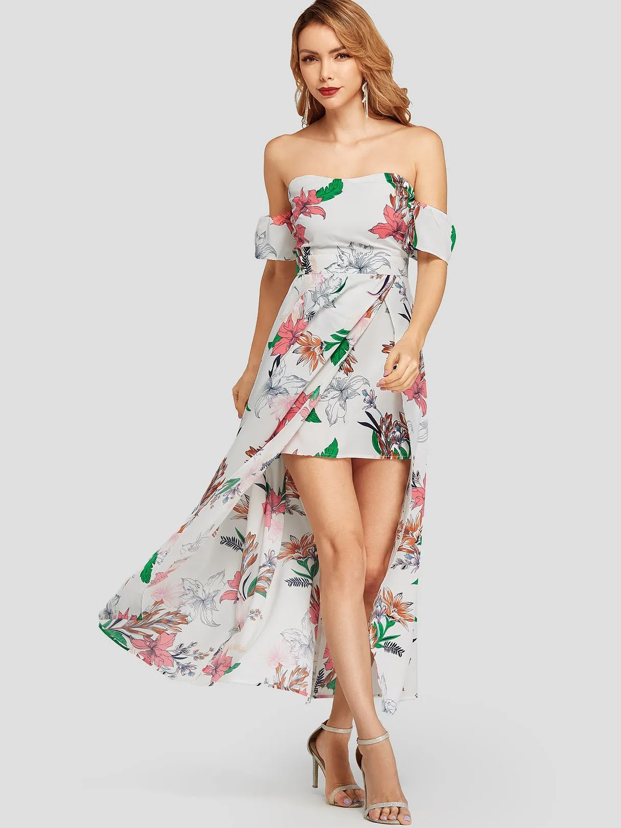 Wholesale Off The Shoulder Floral Print Short Sleeve Backless Slit Hem Dresses