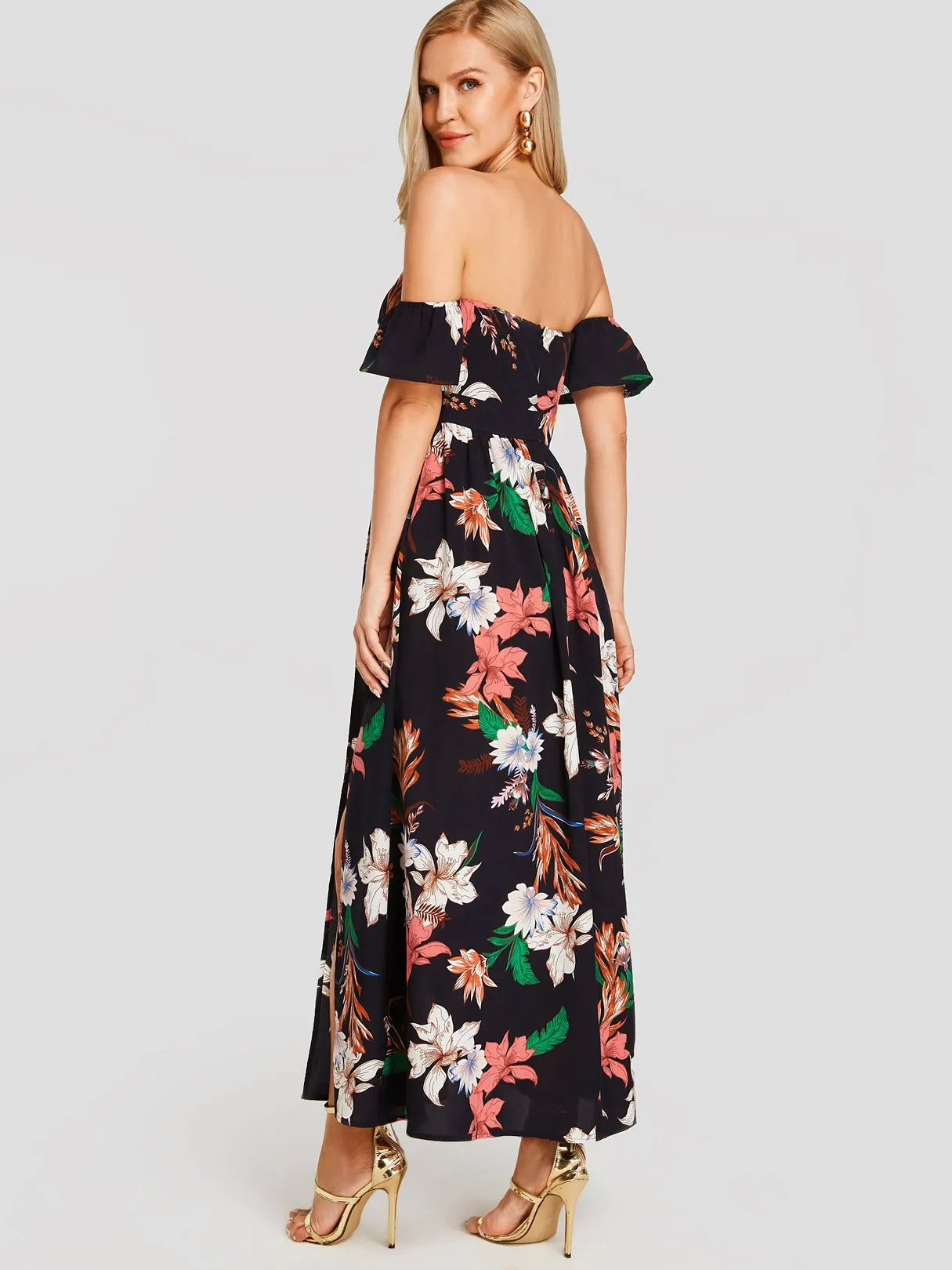 Wholesale Off The Shoulder Floral Print Short Sleeve Backless Slit Hem Dresses